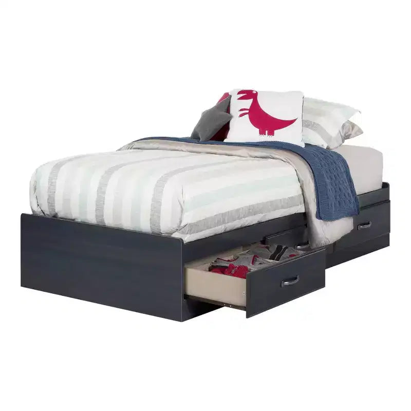 Lit jumeau pour enfants Ulysse avec 3 tiroirs Myrtille - Cadre jumeau moderne, rangement, non rembourré