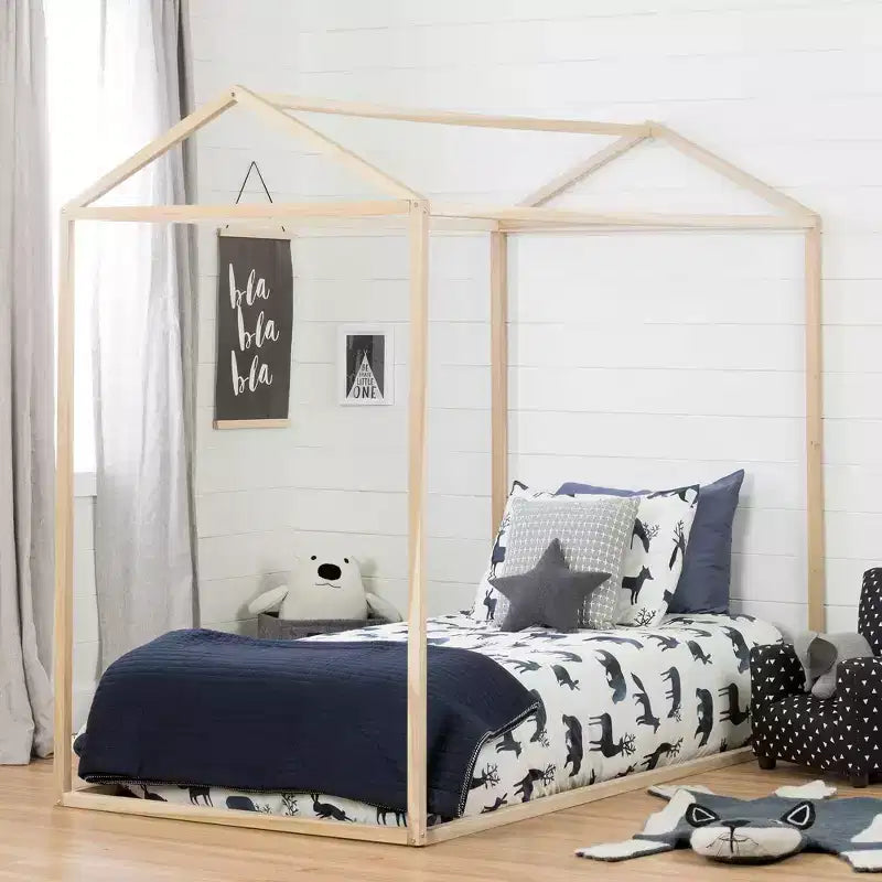 Lit cabane enfant – Cadre en bois de peuplier naturel, Taille double
