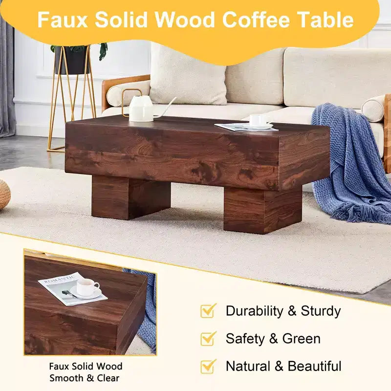 Table basse moderne extra-large de 109 cm, table centrale rectangulaire rustique avec base adaptée aux tapis pour salon et salles de cinéma maison