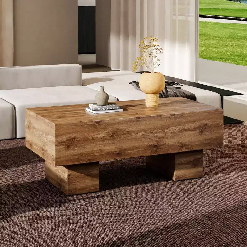 Table basse moderne extra-large de 109 cm, table centrale rectangulaire rustique avec base adaptée aux tapis pour salon et salles de cinéma maison