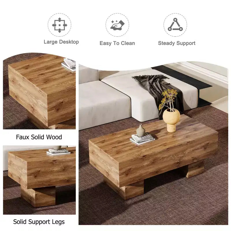 Table basse moderne extra-large de 109 cm, table centrale rectangulaire rustique avec base adaptée aux tapis pour salon et salles de cinéma maison