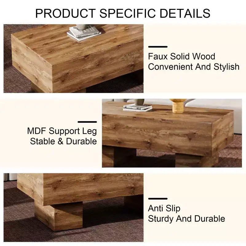Table basse moderne extra-large de 109 cm, table centrale rectangulaire rustique avec base adaptée aux tapis pour salon et salles de cinéma maison