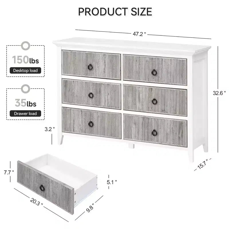 Commode à 6 tiroirs pour chambre à coucher, commode avec design cannelé ondulé, coffre de rangement spacieux en bois, convient pour chambre à coucher, salon, couloir