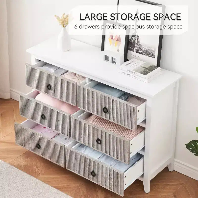 Commode à 6 tiroirs pour chambre à coucher, commode avec design cannelé ondulé, coffre de rangement spacieux en bois, convient pour chambre à coucher, salon, couloir