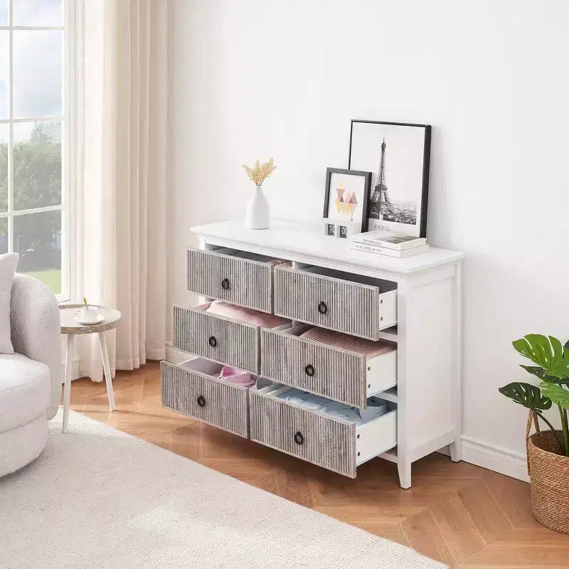 Commode à 6 tiroirs pour chambre à coucher, commode avec design cannelé ondulé, coffre de rangement spacieux en bois, convient pour chambre à coucher, salon, couloir