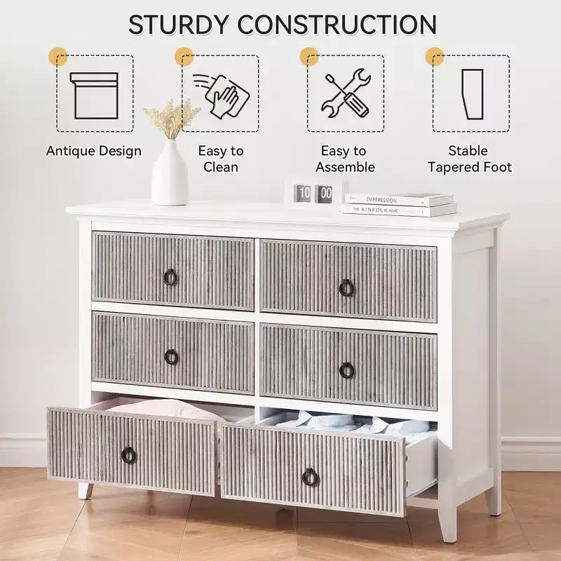 Commode à 6 tiroirs pour chambre à coucher, commode avec design cannelé ondulé, coffre de rangement spacieux en bois, convient pour chambre à coucher, salon, couloir