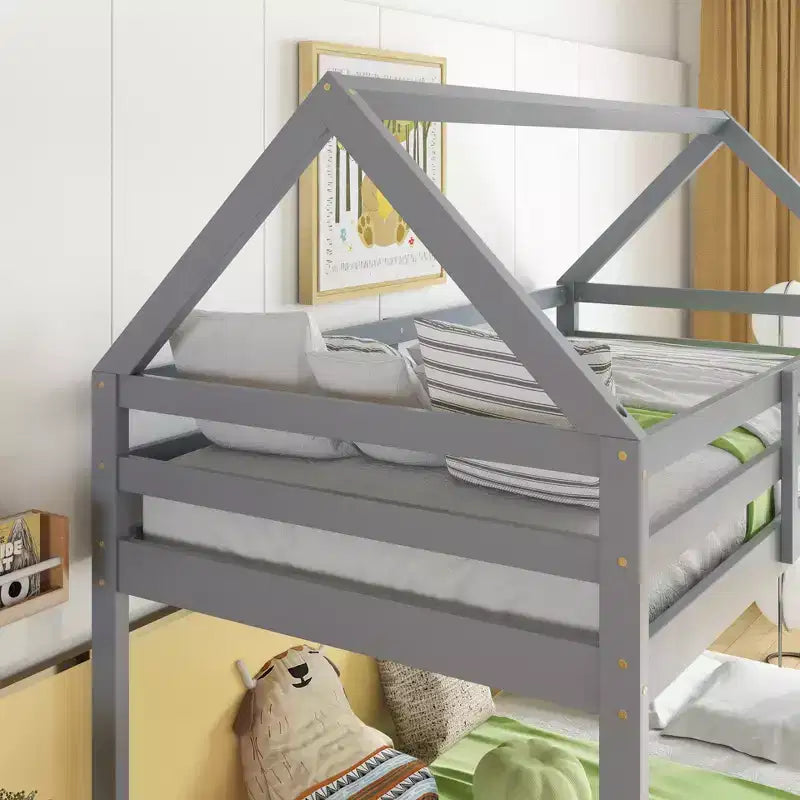 Lit superposé jumeau en bois d'hévéa avec échelle, barrières de sécurité, lit superposé en forme de maison blanc