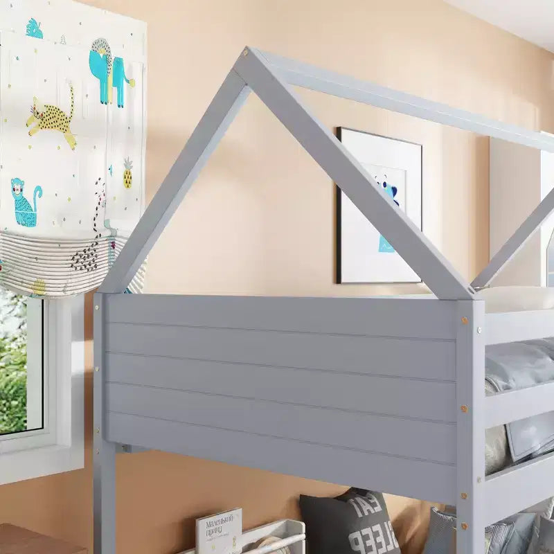 Lits superposés jumeaux avec têtes, pieds de lit et balustrades Gris