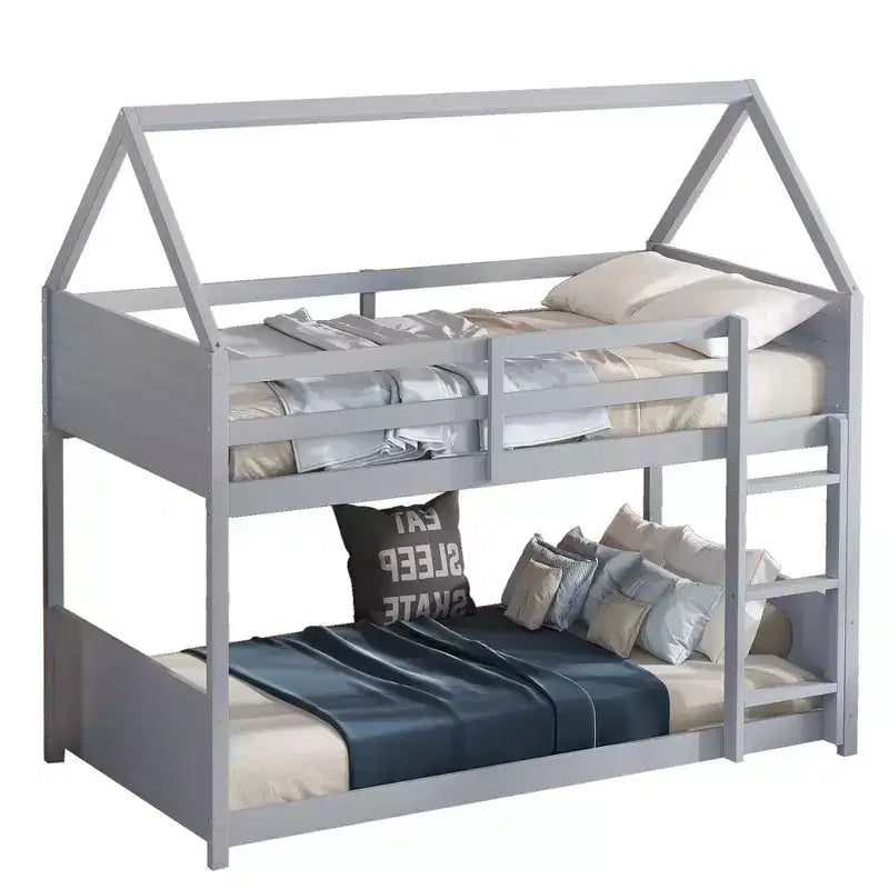 Lits superposés jumeaux avec têtes, pieds de lit et balustrades Gris