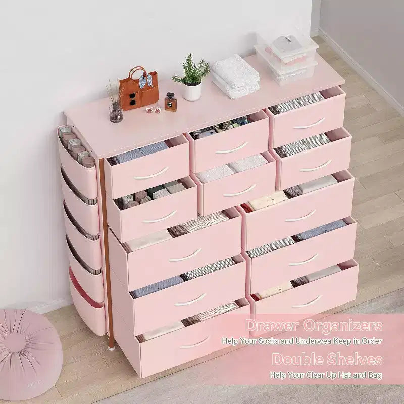 Commode de 100 cm de haut pour chambre à coucher avec 12 tiroirs, commode avec poches latérales et crochets, cadre en acier robuste, plateau en bois, poignée facile à tirer
