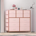 Commode de 100 cm de haut pour chambre à coucher avec 12 tiroirs, commode avec poches latérales et crochets, cadre en acier robuste, plateau en bois, poignée facile à tirer