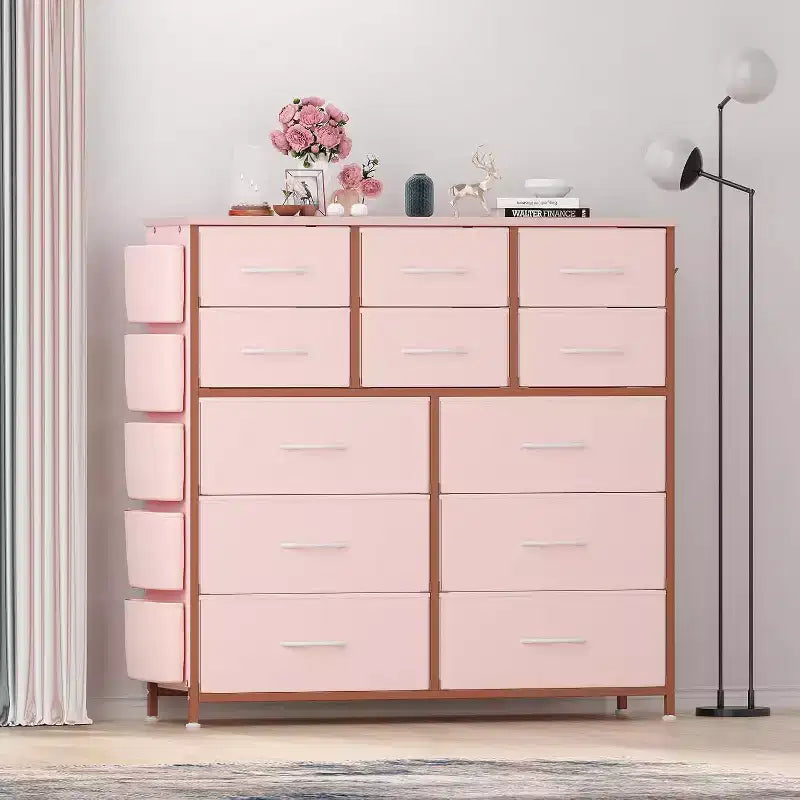 Commode de 100 cm de haut pour chambre à coucher avec 12 tiroirs, commode avec poches latérales et crochets, cadre en acier robuste, plateau en bois, poignée facile à tirer