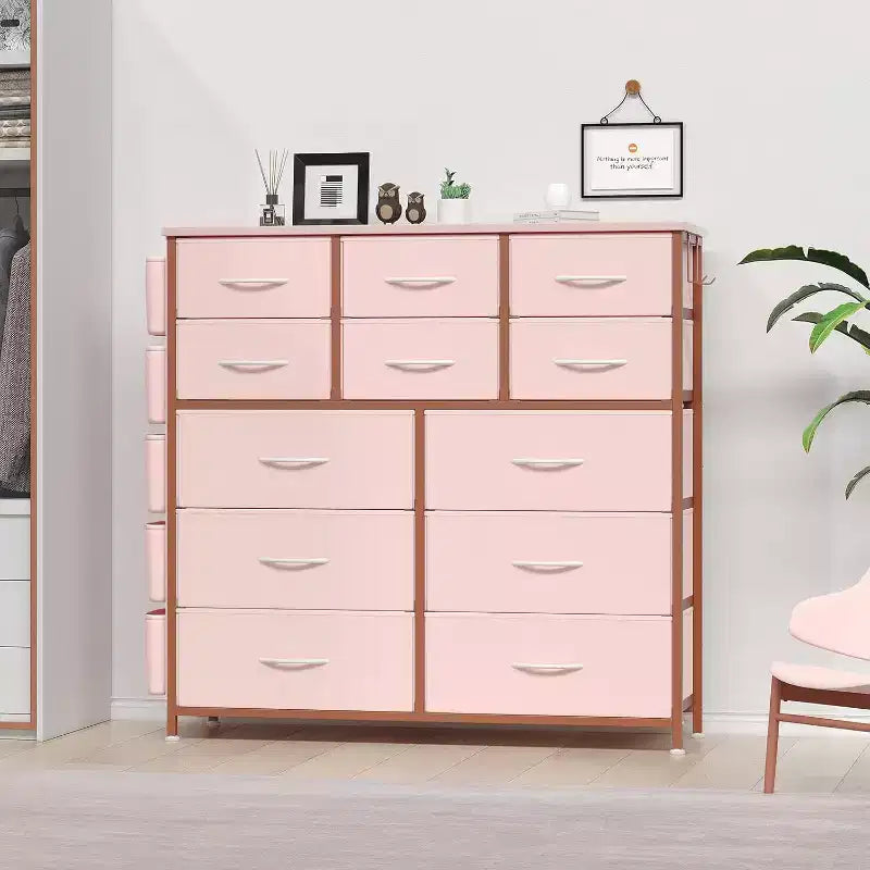 Commode de 100 cm de haut pour chambre à coucher avec 12 tiroirs, commode avec poches latérales et crochets, cadre en acier robuste, plateau en bois, poignée facile à tirer
