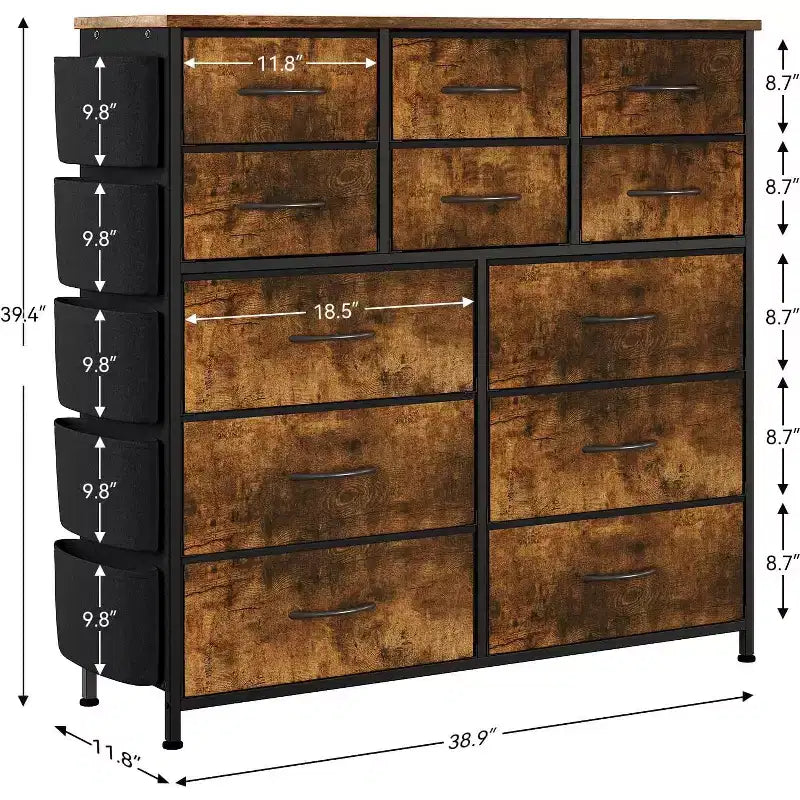 Commode de 100 cm de haut pour chambre à coucher avec 12 tiroirs, commode avec poches latérales et crochets, cadre en acier robuste, plateau en bois, poignée facile à tirer