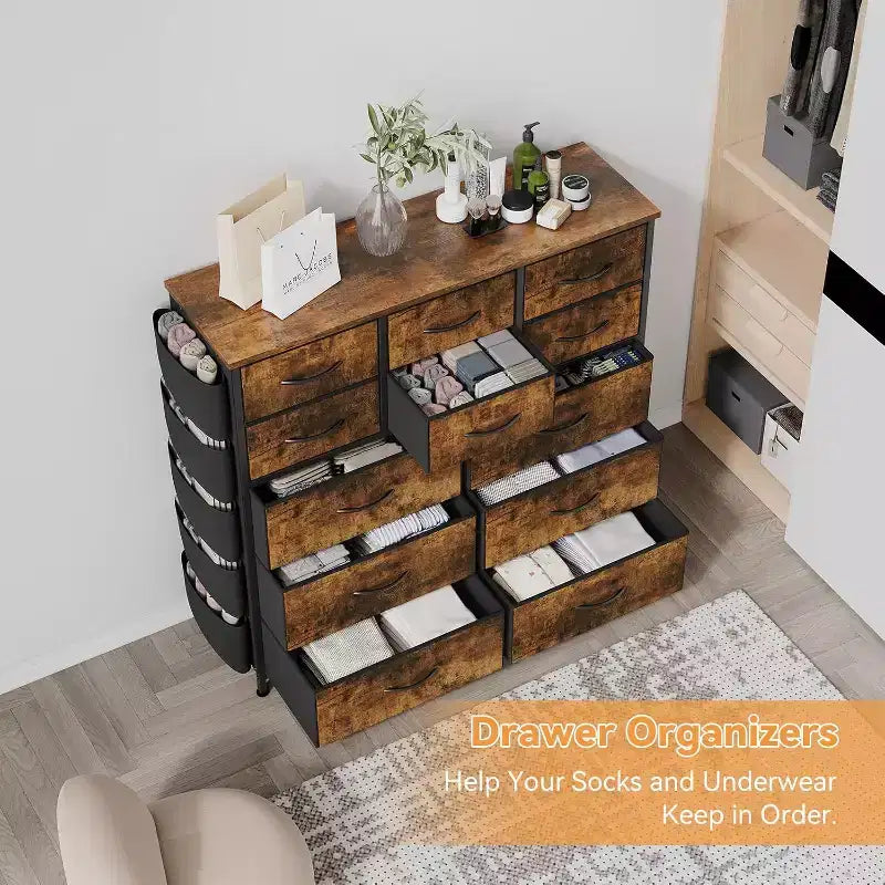 Commode de 100 cm de haut pour chambre à coucher avec 12 tiroirs, commode avec poches latérales et crochets, cadre en acier robuste, plateau en bois, poignée facile à tirer