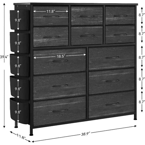 Commode de 100 cm de haut pour chambre à coucher avec 12 tiroirs, commode avec poches latérales et crochets, cadre en acier robuste, plateau en bois, poignée facile à tirer