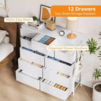 Commode de 100 cm de haut pour chambre à coucher avec 12 tiroirs, commode avec poches latérales et crochets, cadre en acier robuste, plateau en bois, poignée facile à tirer