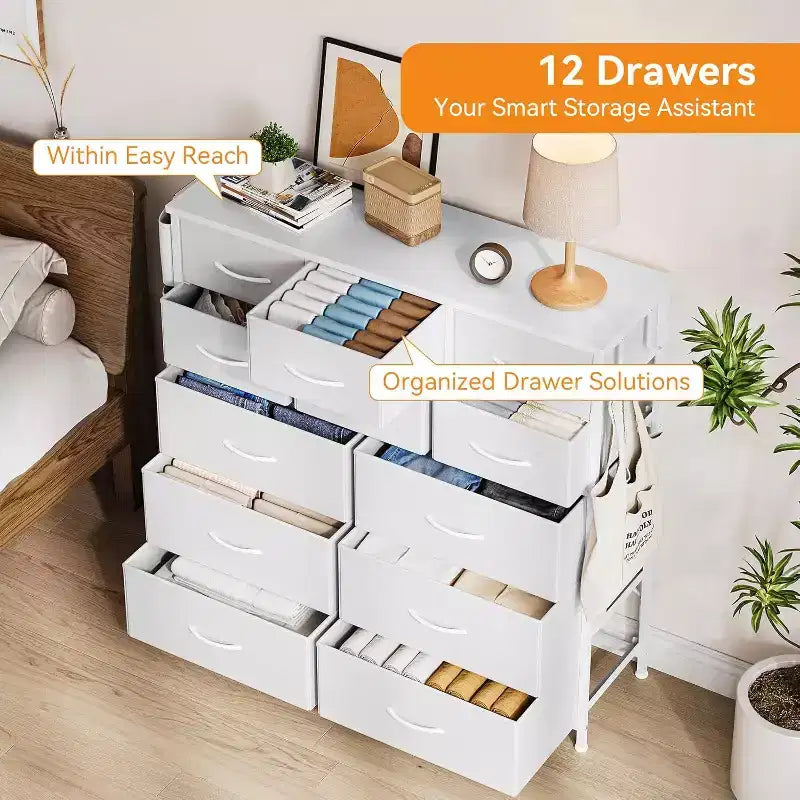 Commode de 100 cm de haut pour chambre à coucher avec 12 tiroirs, commode avec poches latérales et crochets, cadre en acier robuste, plateau en bois, poignée facile à tirer