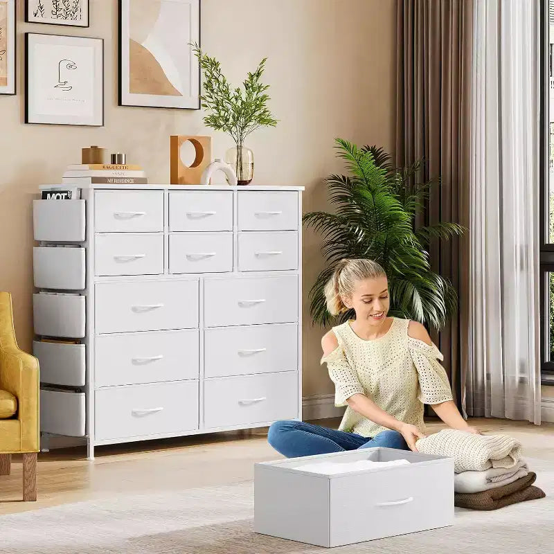 Commode de 100 cm de haut pour chambre à coucher avec 12 tiroirs, commode avec poches latérales et crochets, cadre en acier robuste, plateau en bois, poignée facile à tirer