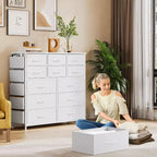 Commode de 100 cm de haut pour chambre à coucher avec 12 tiroirs, commode avec poches latérales et crochets, cadre en acier robuste, plateau en bois, poignée facile à tirer