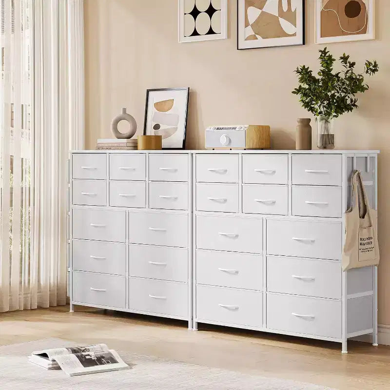 Commode de 100 cm de haut pour chambre à coucher avec 12 tiroirs, commode avec poches latérales et crochets, cadre en acier robuste, plateau en bois, poignée facile à tirer