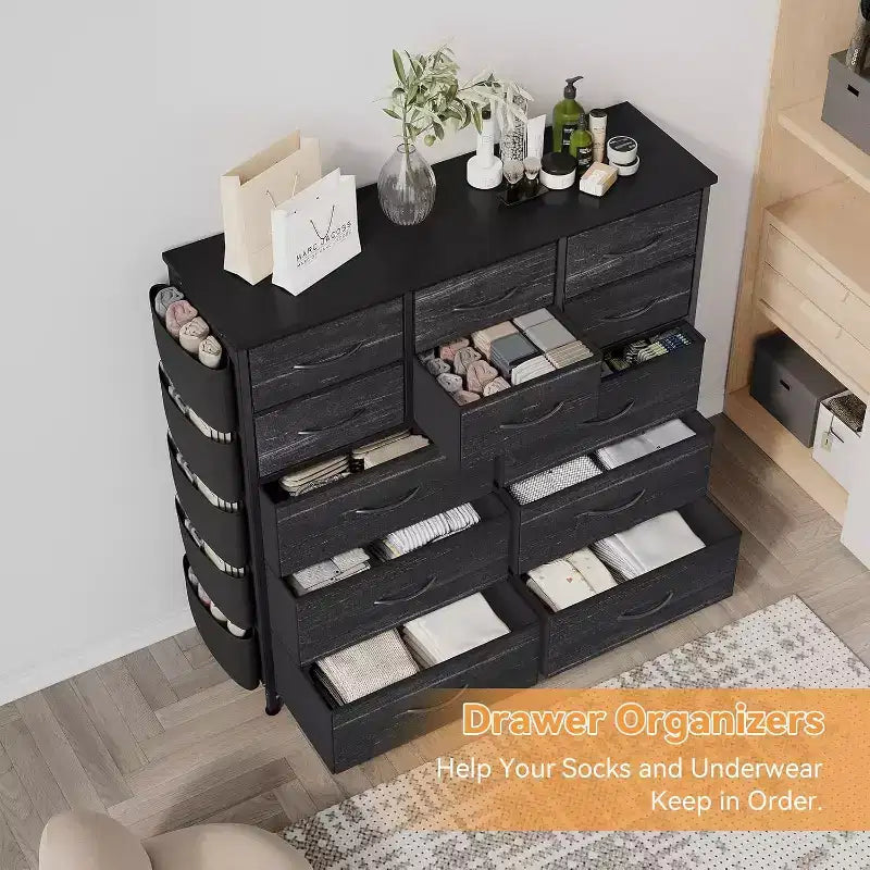 Commode de 100 cm de haut pour chambre à coucher avec 12 tiroirs, commode avec poches latérales et crochets, cadre en acier robuste, plateau en bois, poignée facile à tirer