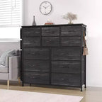 Commode de 100 cm de haut pour chambre à coucher avec 12 tiroirs, commode avec poches latérales et crochets, cadre en acier robuste, plateau en bois, poignée facile à tirer