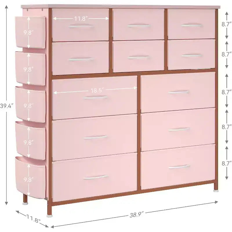 Commode de 100 cm de haut pour chambre à coucher avec 12 tiroirs, commode avec poches latérales et crochets, cadre en acier robuste, plateau en bois, poignée facile à tirer