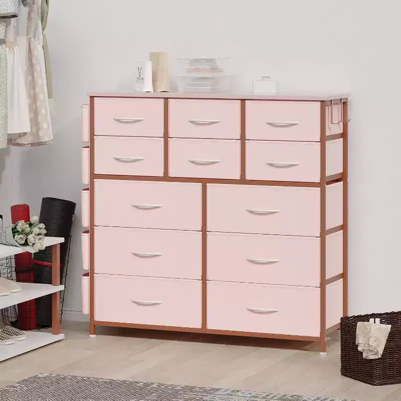 Commode de 100 cm de haut pour chambre à coucher avec 12 tiroirs, commode avec poches latérales et crochets, cadre en acier robuste, plateau en bois, poignée facile à tirer