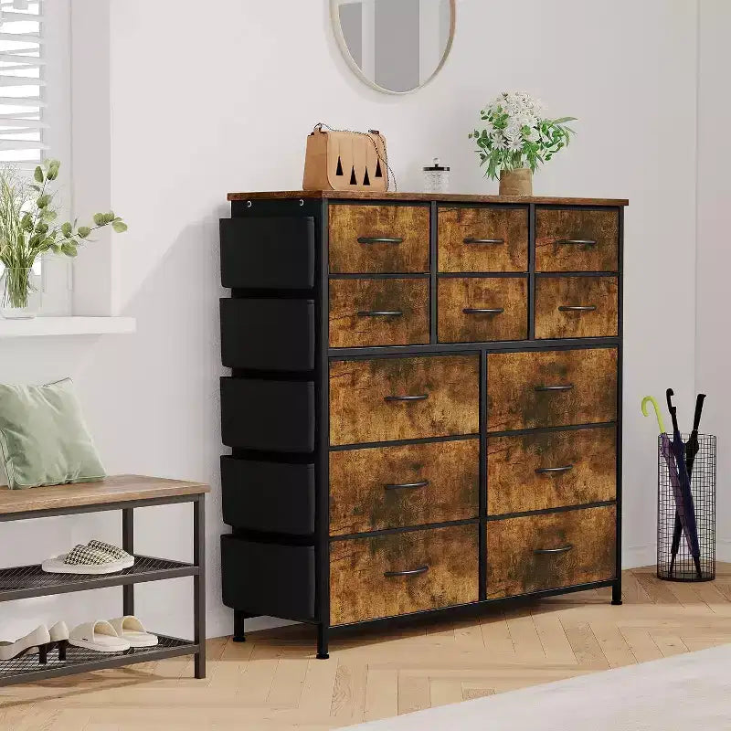 Commode de 100 cm de haut pour chambre à coucher avec 12 tiroirs, commode avec poches latérales et crochets, cadre en acier robuste, plateau en bois, poignée facile à tirer