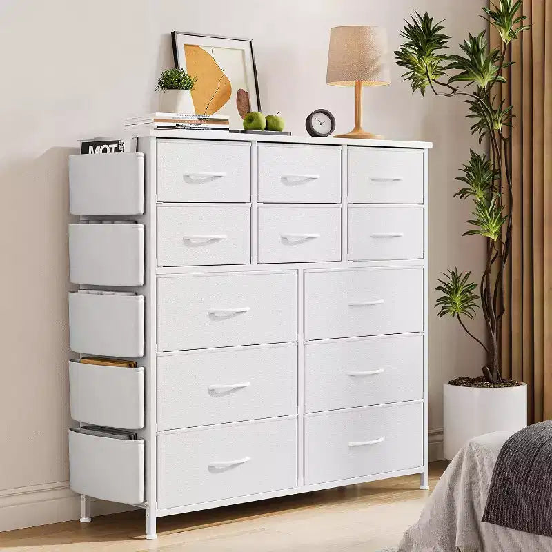 Commode de 100 cm de haut pour chambre à coucher avec 12 tiroirs, commode avec poches latérales et crochets, cadre en acier robuste, plateau en bois, poignée facile à tirer