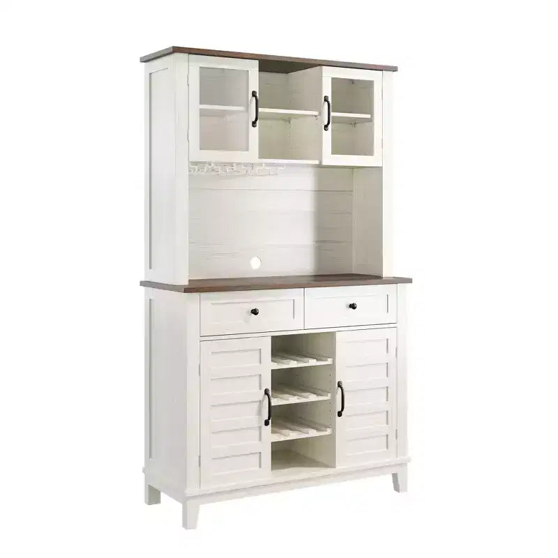 Bar de ferme 72 po – Meuble de rangement pour le vin avec casier à 9 bouteilles, 4 porte-verres et étagère réglable, blanc