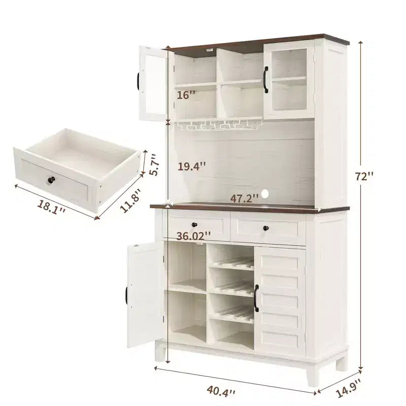 Bar de ferme 72 po – Meuble de rangement pour le vin avec casier à 9 bouteilles, 4 porte-verres et étagère réglable, blanc
