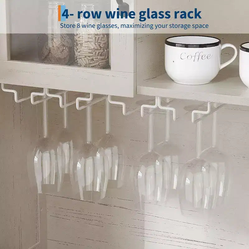 Bar de ferme 72 po – Meuble de rangement pour le vin avec casier à 9 bouteilles, 4 porte-verres et étagère réglable, blanc