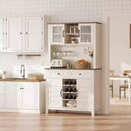 Bar de ferme 72 po – Meuble de rangement pour le vin avec casier à 9 bouteilles, 4 porte-verres et étagère réglable, blanc