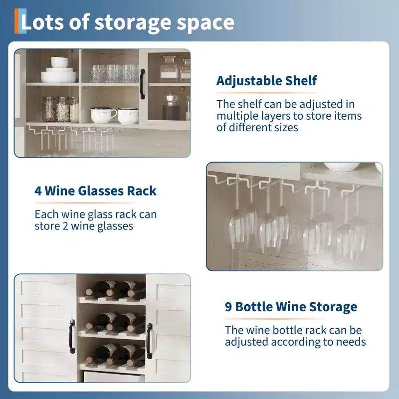 Bar de ferme 72 po – Meuble de rangement pour le vin avec casier à 9 bouteilles, 4 porte-verres et étagère réglable, blanc