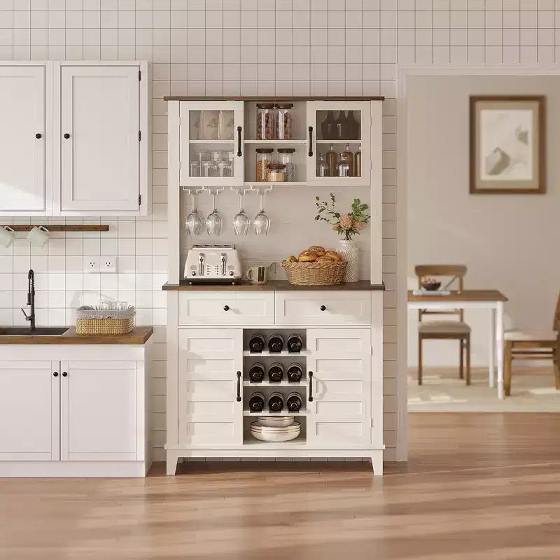Bar de ferme 72 po – Meuble de rangement pour le vin avec casier à 9 bouteilles, 4 porte-verres et étagère réglable, blanc
