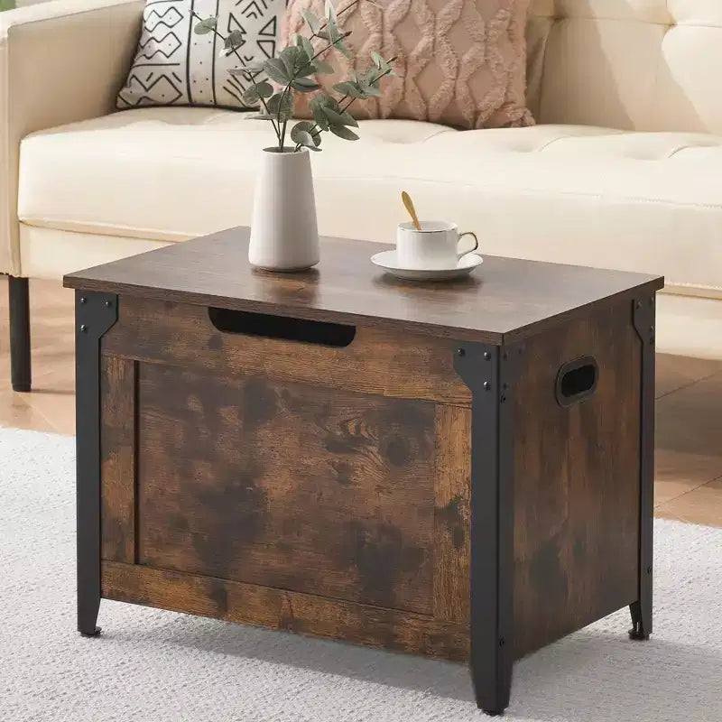 Coffre de rangement en bois, banc de rangement d'entrée avec charnière de sécurité et couvercle relevable pour entrée, salon, marron rustique