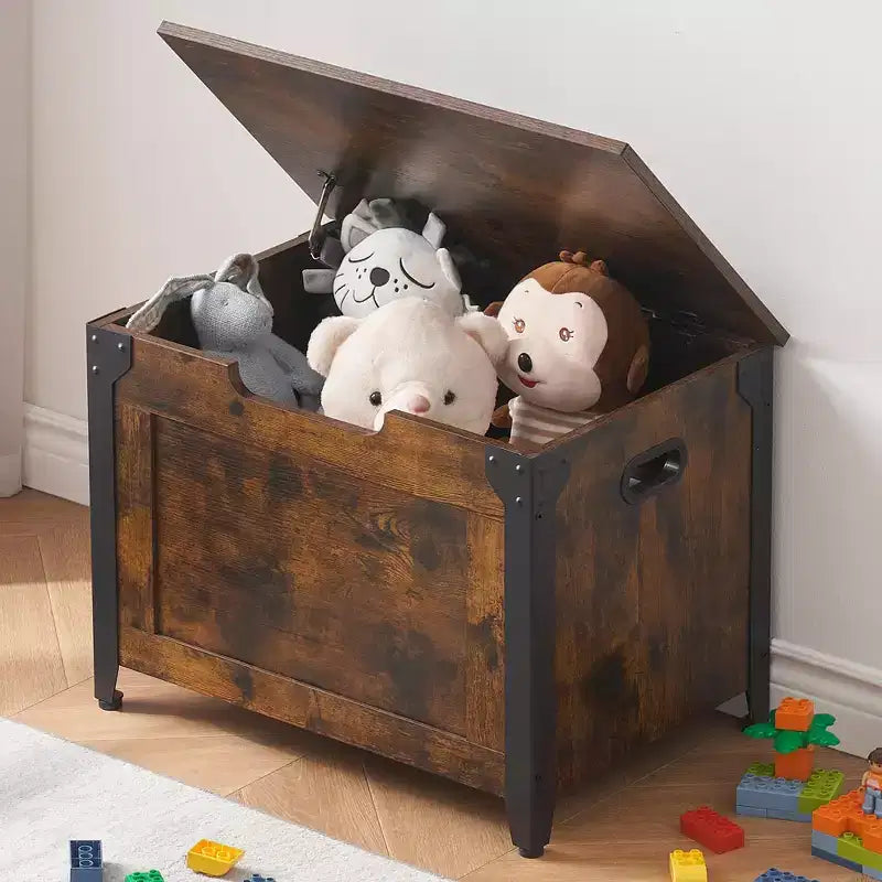 Coffre de rangement en bois, banc de rangement d'entrée avec charnière de sécurité et couvercle relevable pour entrée, salon, marron rustique
