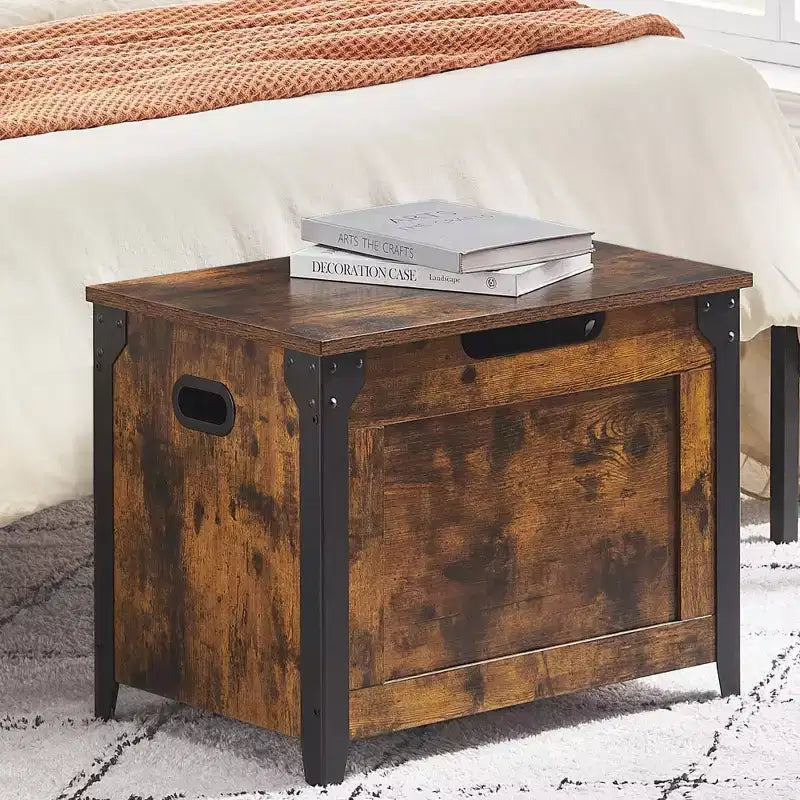 Coffre de rangement en bois, banc de rangement d'entrée avec charnière de sécurité et couvercle relevable pour entrée, salon, marron rustique