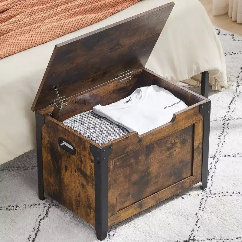 Coffre de rangement en bois, banc de rangement d'entrée avec charnière de sécurité et couvercle relevable pour entrée, salon, marron rustique