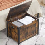 Coffre de rangement en bois, banc de rangement d'entrée avec charnière de sécurité et couvercle relevable pour entrée, salon, marron rustique