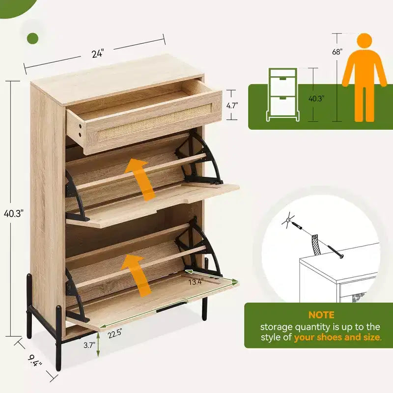 Meuble à chaussures 2 tiroirs basculants avec 1 tiroir, organiseur de chaussures en rotin avec pieds en métal, meuble à chaussures fin autonome