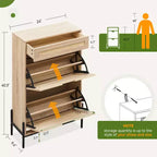 Meuble à chaussures 2 tiroirs basculants avec 1 tiroir, organiseur de chaussures en rotin avec pieds en métal, meuble à chaussures fin autonome