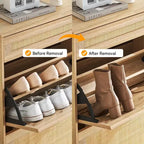 Meuble à chaussures 2 tiroirs basculants avec 1 tiroir, organiseur de chaussures en rotin avec pieds en métal, meuble à chaussures fin autonome