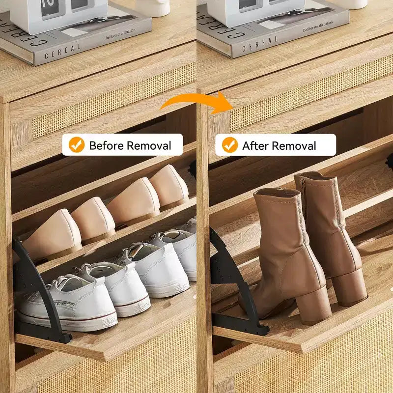 Meuble à chaussures 2 tiroirs basculants avec 1 tiroir, organiseur de chaussures en rotin avec pieds en métal, meuble à chaussures fin autonome