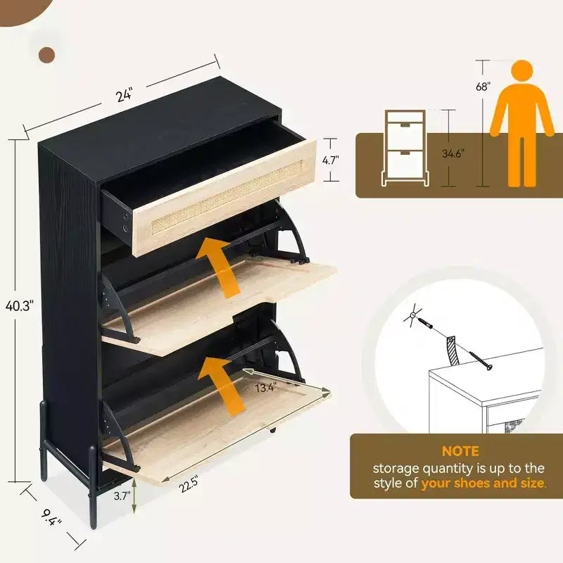 Meuble à chaussures 2 tiroirs basculants avec 1 tiroir, organiseur de chaussures en rotin avec pieds en métal, meuble à chaussures fin autonome