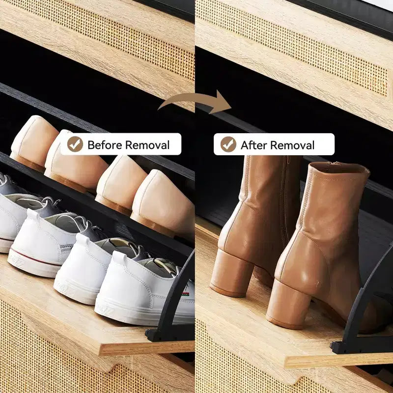Meuble à chaussures 2 tiroirs basculants avec 1 tiroir, organiseur de chaussures en rotin avec pieds en métal, meuble à chaussures fin autonome