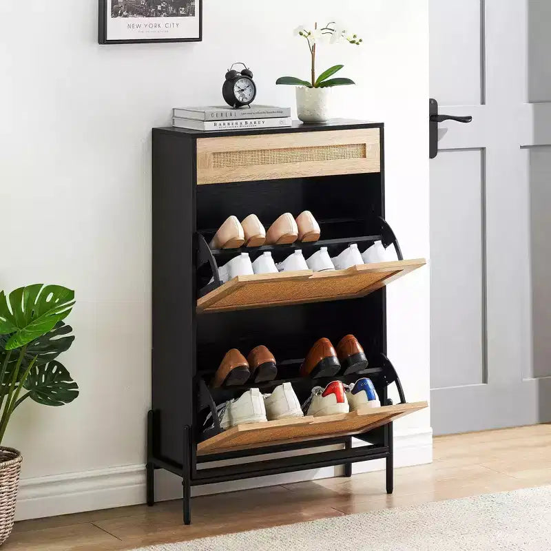 GustoWave 2 Flip Drawers Shoe Storage Cabinet with 1 Drawer, Rattan Shoe Organizer with Metal Legs, Freestanding Narrow Shoe Rack Cabinet