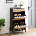 GustoWave 2 Flip Drawers Shoe Storage Cabinet with 1 Drawer, Rattan Shoe Organizer with Metal Legs, Freestanding Narrow Shoe Rack Cabinet